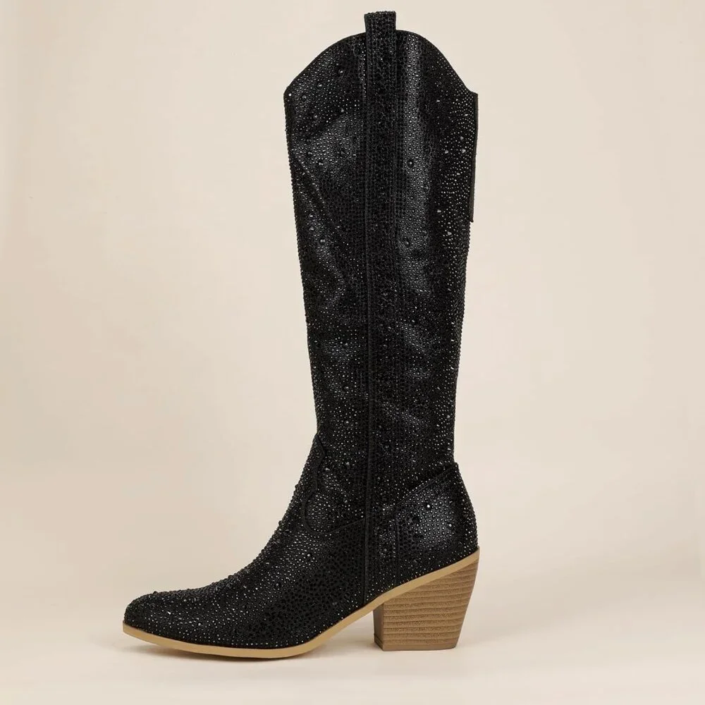 Women's Black Rhinestone Cowboy Boot Knee High Western Cowgirl Boots Pointed Toe